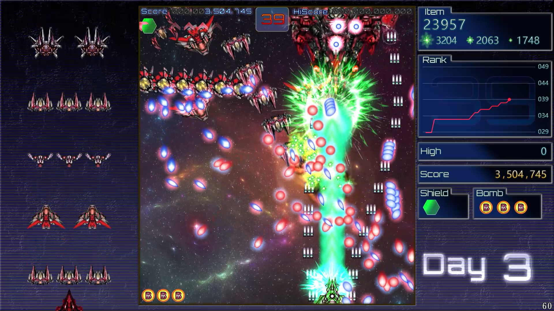 多数の敵と弾幕が出現しているEpicRecoveryのゲーム画面